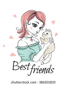 Cute  young girl with cat. Vector hand drawn illustration.