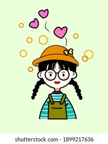 Cute young girl character icon vector illustration. Girl face,line hand drawn, love.