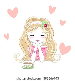 Cute young girl character. Vector flat Illustration, cute girl with cup of tea. Vector girl  on white background, pink hearts. Beautiful romantic girl in cafe. Print design, decoration, greeting card.