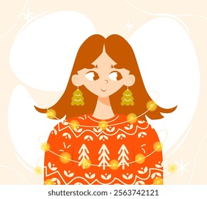 Cute young girl with Christmas tree earrings wrapped in garland and wearing warm sweater. Vector character in flat cartoon style