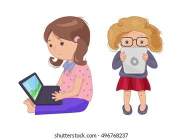 Cute young girl with computer laptop, tablet, e-book. Vector illustration for technology design. Pupil kids people icon set on white background