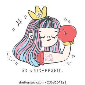 cute young girl confidently making a strong hand gesture sign. This colorful cartoon character doodle reflects feminist ideals and modern empowerment. Perfect for projects promoting positivity