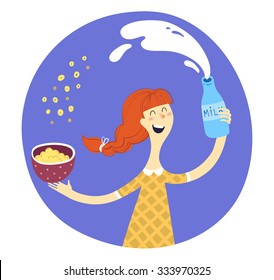 Cute young girl is cooking a muesli with milk. Vector illustration.