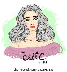 Cute young girl with curly hair in anime style. Vector illustration.