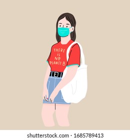 Cute young girl with eco shopper bag wearing medical face mask. Concept to prevent epidemic Coronavirus flu virus. Hand drawn colored isolated Vector illustration. Safe shopping concept. 