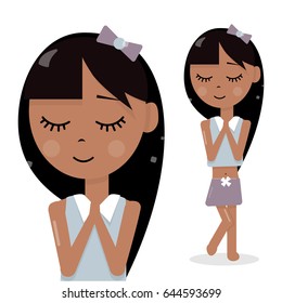 Cute young girl. Fashionable and bright. Dreams of love. Cartoon character. Avatar for a blog or promotional products. A child with long black hair in a skirt. Funny and cheerful.
