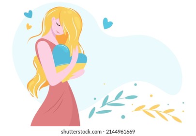 Cute young girl - flat character hugging blue and yellow heart of Ukraine. Vector isolated design with a bright pensive woman in a pink dress. Isolated vector design for postcard, banner, landing page