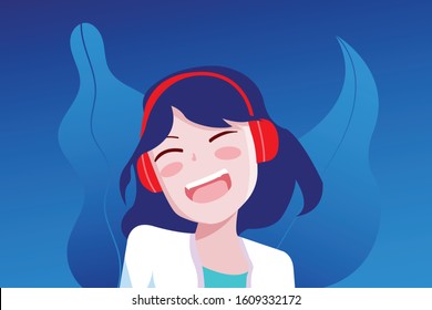 Cute young girl happy listening music or sound using headphone, vector illustration cartoon character.