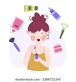 Cute young girl having a spa day at home. Cosmetics and facial products. Flat style cartoon character.