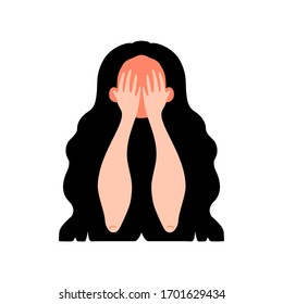 Cute young girl head, covering face with hands while crying. Sad expression. Cartoon character isolated on white background. Concept of social phobia, depression, lifestyle. Trying to be anonymous