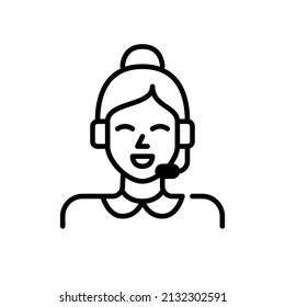 Cute young girl with a headset working at customer support. Pixel perfect, editable stroke icon