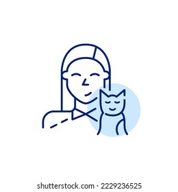 Cute young girl and her kitten. Happy pet owner icon. Pixel perfect, editable stroke line design