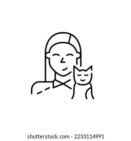 Cute young girl and her kitten. Happy pet owner icon. Pixel perfect, editable stroke design
