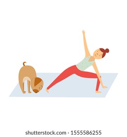 Cute young girl and her pet dog doing Yoga asana flat vector illustration isolated on white background. Healthy animal and Girl - sport lovers for motivational prints.