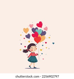 Cute Young Girl Holding A Bunch of Colorful Heart Balloons On Light Pink Background.