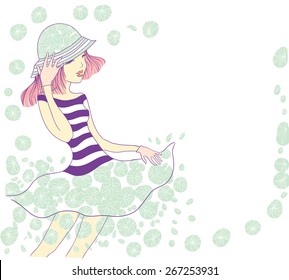 cute young girl holding a hat and laughs. vector illustration. 