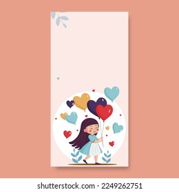 Cute Young Girl Holding Heart Balloons And Leaves Decorated On Pastel Pink Background With Copy Space. Happy Valentines Day Concept.