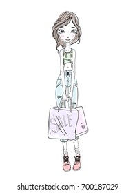 Cute young girl holding shopping bags in hands. Hand-drawn sketch. Vector illustration, isolated on white background.