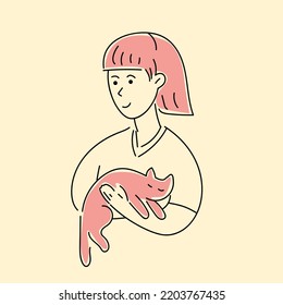 A cute young girl holds a cat in her hands and smiles. Vector illustration drawn by hand. Woman close-up.