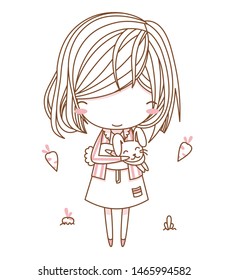 Cute young girl hug a rabbit, standing pose with smiling emotional, surrounding with carrot. Girl character design. Vector illustration. isolated on White background. Girl character for greeting cards
