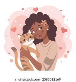 Cute young girl hugging cat. Pet owner. Cat lover. Flat style illustration.