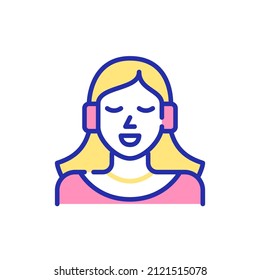 Cute young girl listening to music in headphones and smiling. Pixel perfect, editable stroke fun color icon
