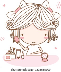 Cute young girl look at mirror. Apply powder. Table of makeup. Vector illustration in simple flat style isolated on white background. Character design.Can be used for t-shirt print or poster.