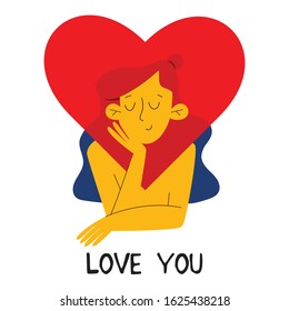 Cute young girl  in love. Cartoon  vector illustration for Valentines day in the modern flat style. Valentines day for print, postcard, t-shirt and more.