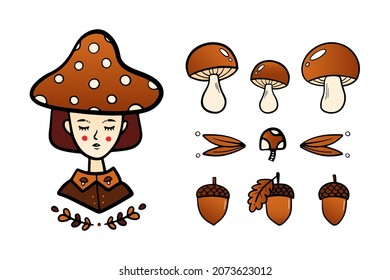 Cute young girl in mushroom hat with acorns, mushrooms and leaves icons. Doodle, cartoon style vector icons for autumn, fall design. 
