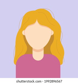 Cute young girl in a pink t-shirt with messy blonde hair isolated on lavender background. Women modern character. Vector illustration