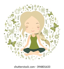 Cute young girl practices yoga. Meditation. Yoga. Flowers and butterflies in the background. Naturalness. Yoga vector illustration