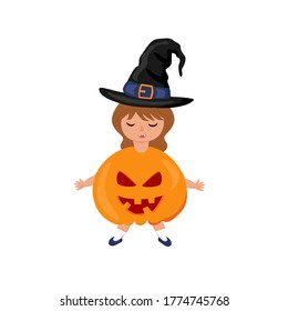 Cute young girl in a pumpkin costume and a fairy hat is celebrating Halloween