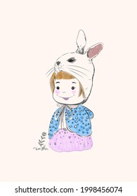 Cute young girl with rabbit hat  character vector illustration.