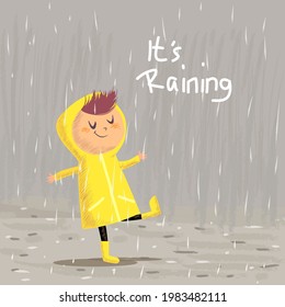 cute young girl in the rain with umbrella vector illustration. Raining season, rough,line.