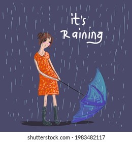 cute young girl in the rain with umbrella vector illustration. Raining season, rough,line.