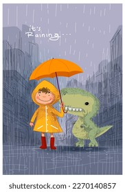 Cute young girl in raining with yellow raincoat and umbrella hand drawn vector illustration. Child character, engraving beautiful design for poster, cover, cards and prints.