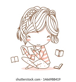 Cute young girl reading a book, sitting pose with smiling emotional.Girl character design. Vector illustration. isolated on White background. Cartoon Girl. Book lover girl.