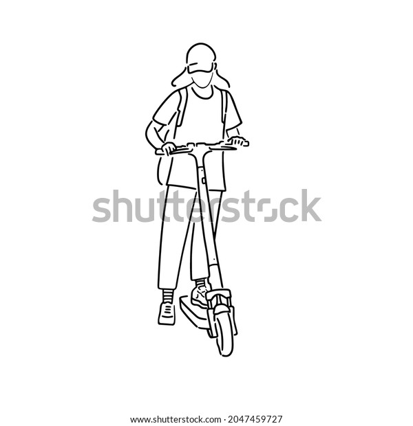 Cute young girl riding an electric scooter.\
Isolated on white background. Vector illustration. Sport\
activities. Eco-friendly transport concept. Electric Scooter Icon\
illustration Vector.
