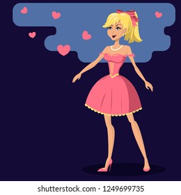 Cute young girl in a romantic pink dress. Vector illustration in cartoon style.