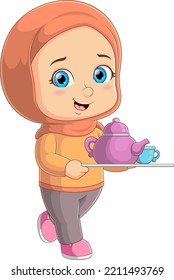 The cute young girl is serving tea pot for the guest in the living room of illustration