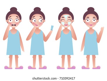 Cute young girl set with different expressions.A person's face with emotions.stages of face cleaning, skin care products