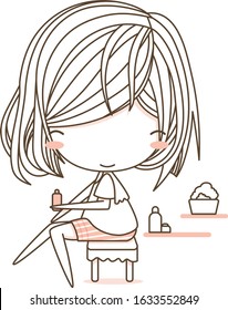 Cute young girl sit on chair taking care of her skin. Girl apply body lotion. Vector illustration in simple flat style isolated on white background. Character design.Can be used for t-shirt print 