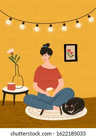 Cute young girl  sitting on the floor with slipping cat. Woman spending time at home and drinking coffee. Flat cartoon vector illustration. with 
garland on the background 