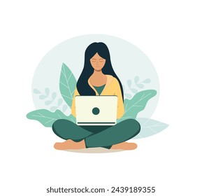 Cute young girl sitting and working on a laptop. Freelancing, studying, working from home concept. Flat vector illustration.