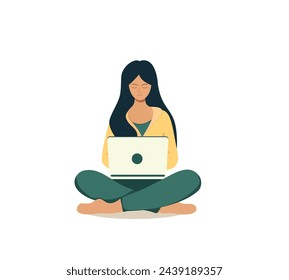 Cute young girl sitting and working on a laptop. Freelancing, studying, working from home concept. Flat vector illustration.