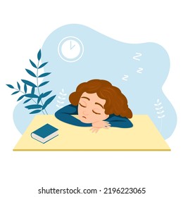 Cute young girl sleeping in her study desk. Lazy kid concept. Girl was tired during her studies. Flat vector cartoon style