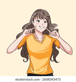 Cute young girl smiling with fingers on cheek gesture colorful vector illustration isolated on square yellow background.