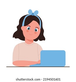 Cute young girl or student studying on laptop kid doing homework or sitting on  school lesson vector illustration. Children workplace for study. 