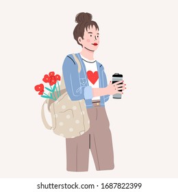 Cute young Girl in trendy clothes holding a shopping bag and cup. Eco shopper. Modern fashion look. Hand drawn Vector trendy illustration. Flat design. Cartoon style. Isolated on a white background