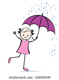 Cute young girl with umbrella. T-shirt design. Vector illustration.